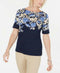 New Karen Scott Women's Elbow Sleeve Boat Neck Blue Printed Flowers Blouse Top L - evorr.com