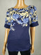 New Karen Scott Women's Elbow Sleeve Boat Neck Blue Printed Flowers Blouse Top L - evorr.com