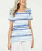 $59 Karen Scott Women's Short Sleeve Scoop Neck Blue Pacific Stripe Blouse Top S - evorr.com