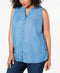 New Style&Co Women's Sleeveless Button Shirt Denim Wash Blouse Top Size Plus 1X - evorr.com