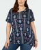 Style&Co. Womens Short Sleeve Scoop Neck Side Knot Print Blue Blouse Top Plus 2X - evorr.com