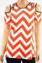 NY Collection Women Stretch Red Chevron Print Cold Shoulder Cutout Blouse Top L